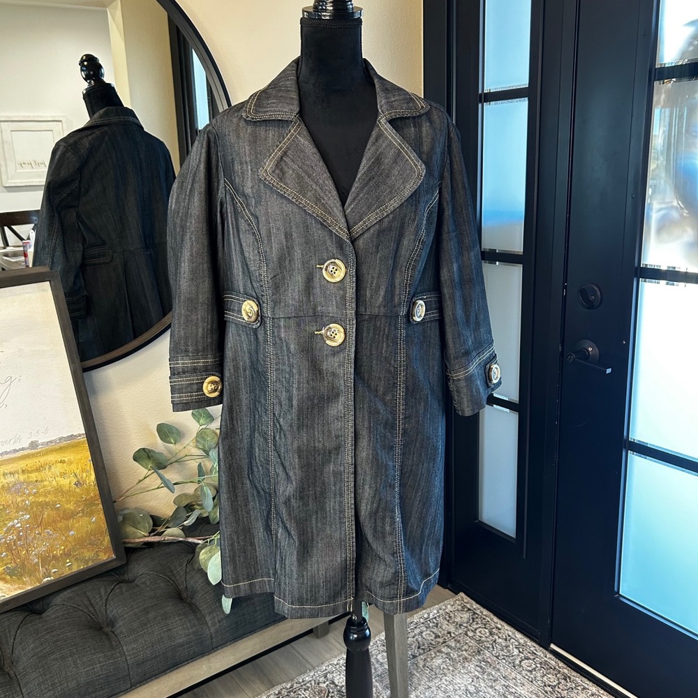 Westport Woman Dark Wash Denim Trench Coat Plus Size 14/16W Pleated Back Jacket